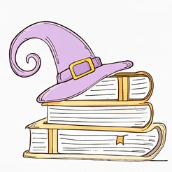 Free book club clipart of a witch hat on stacked books